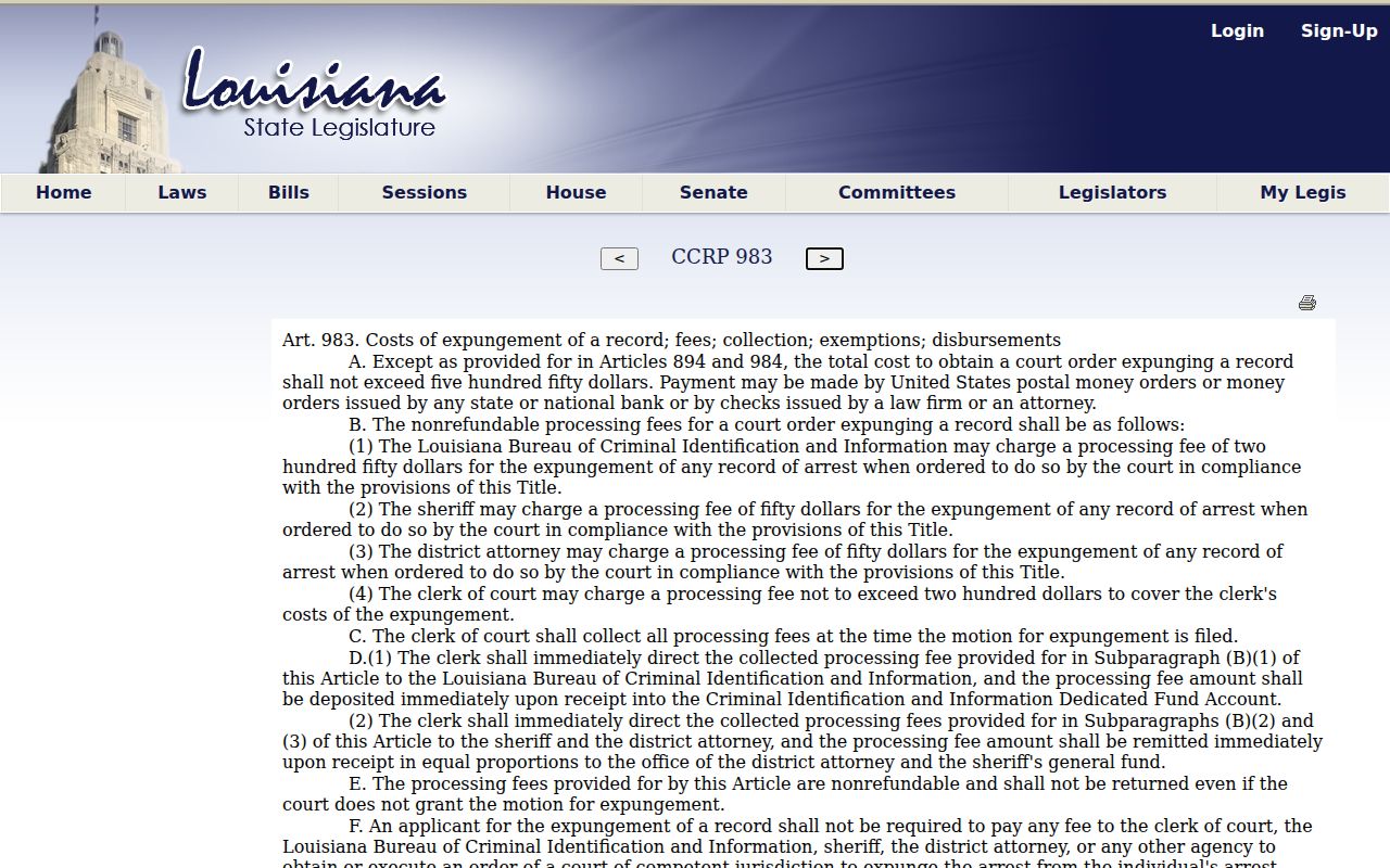 Louisiana law governing criminal record expungement fee allocation