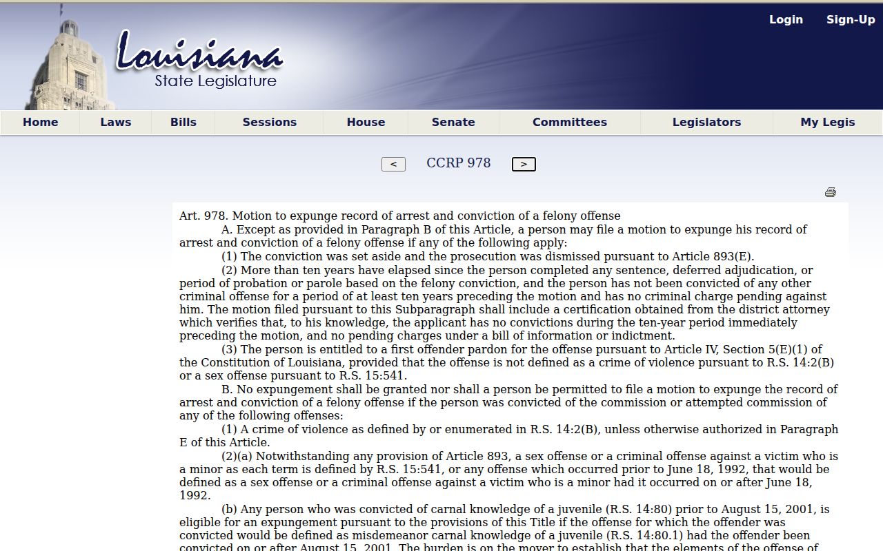 Louisiana Article 978 felony expungement eligibility law