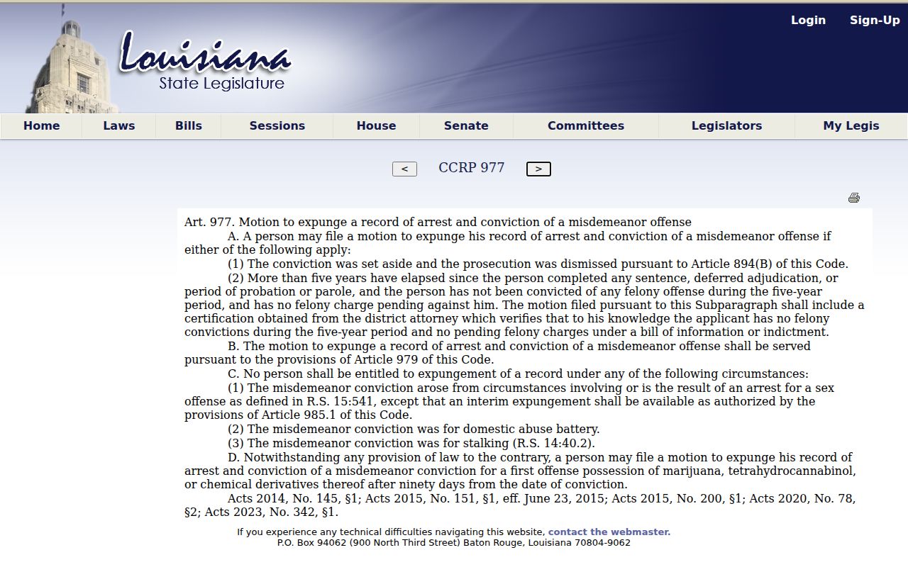 Louisiana Article 977 misdemeanor expungement eligibility law