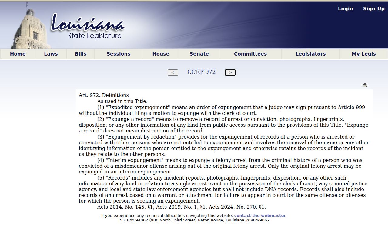 Louisiana expungement definitions relevant to Delhi records