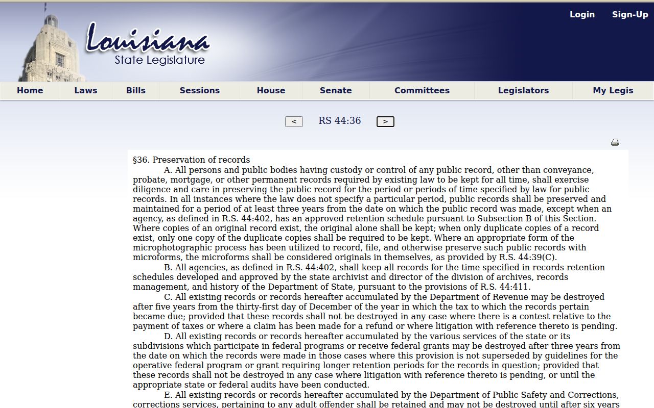 Louisiana public records retention law affecting Delhi records