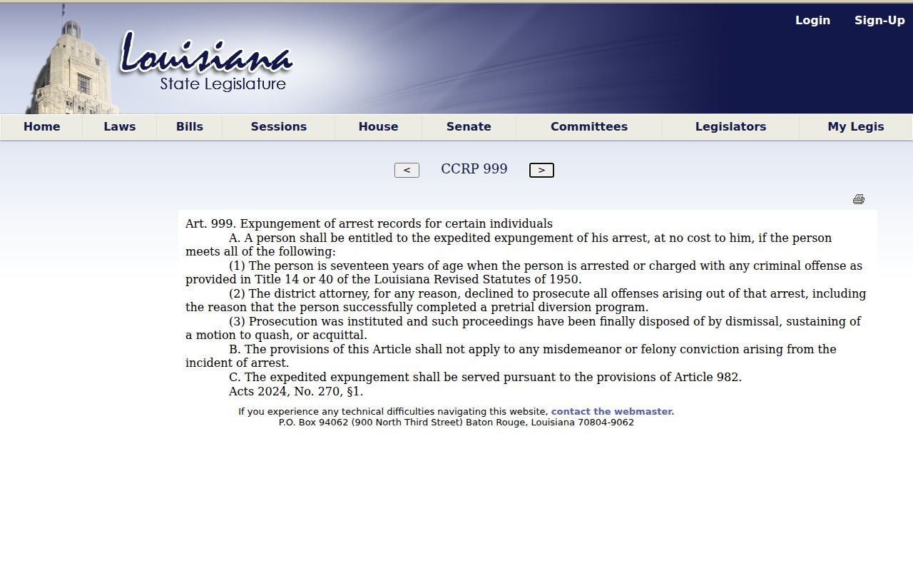 Louisiana expedited expungement law for qualifying age-seventeen arrests