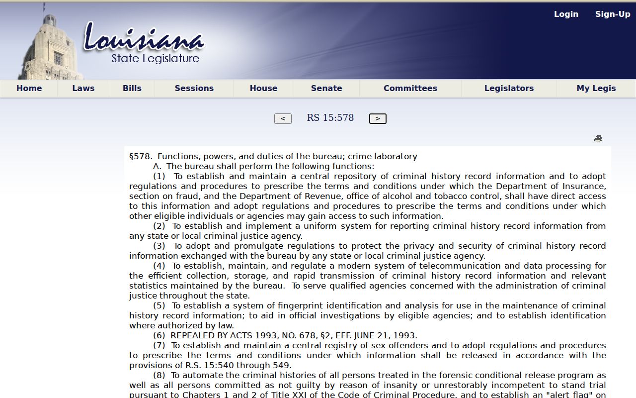 Louisiana BCII repository duties affecting Mangham criminal history