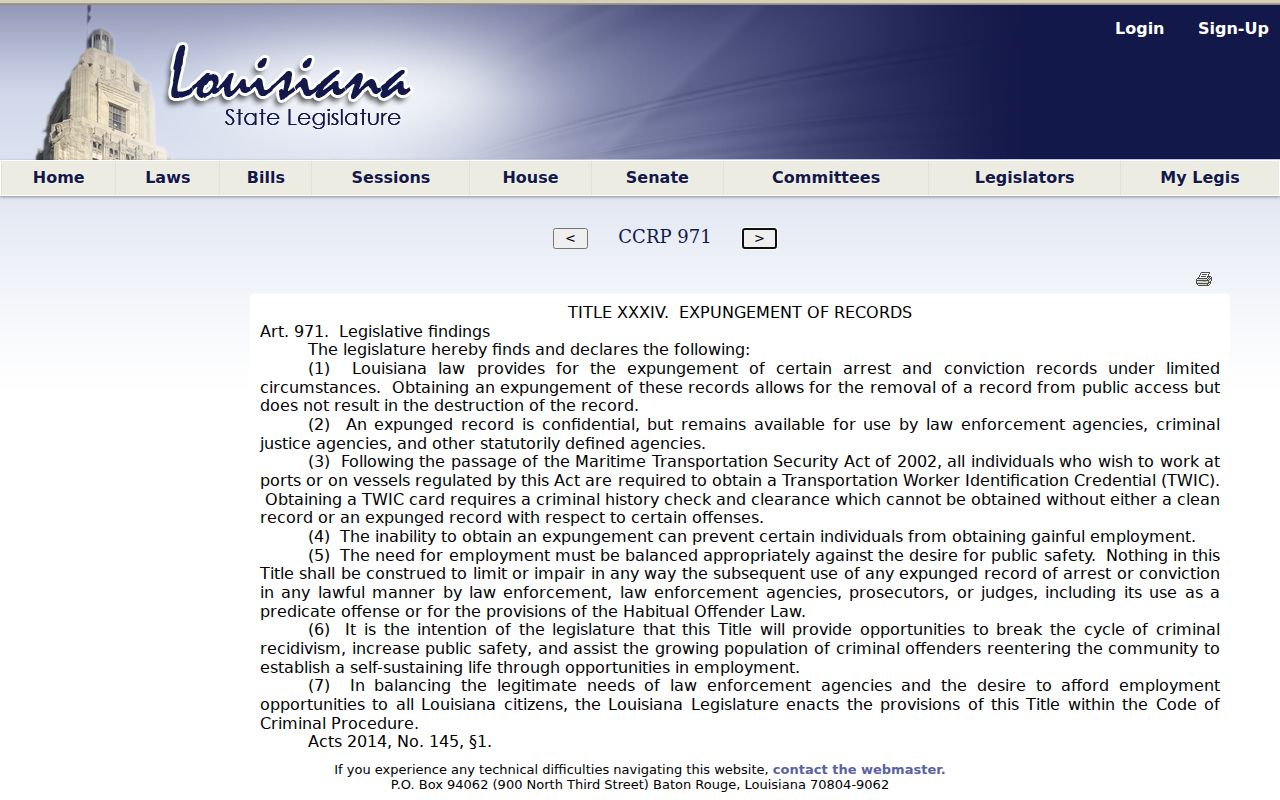 Louisiana law on the effect of expungement for Mangham records