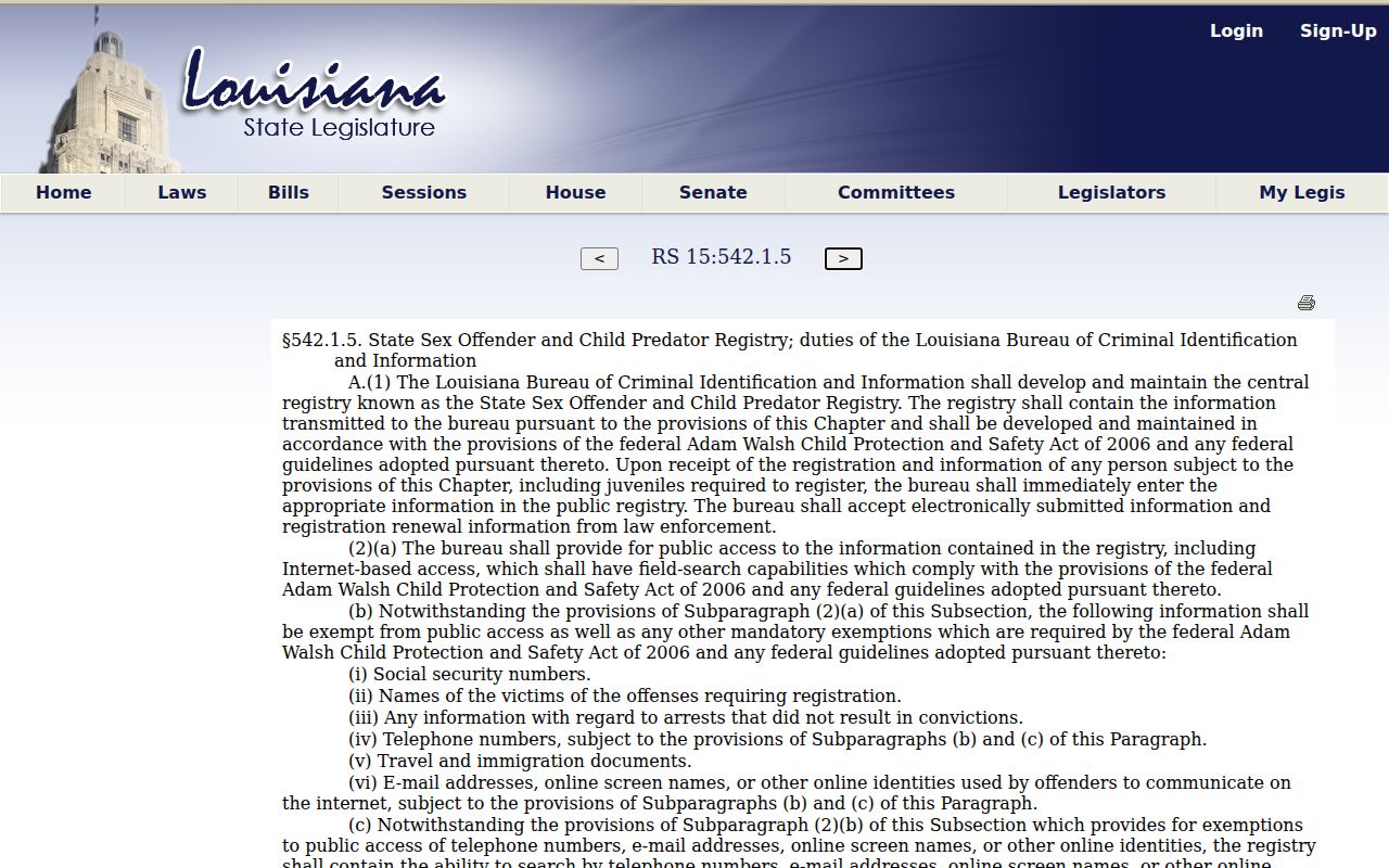 Louisiana statute describing central sex offender registry duties